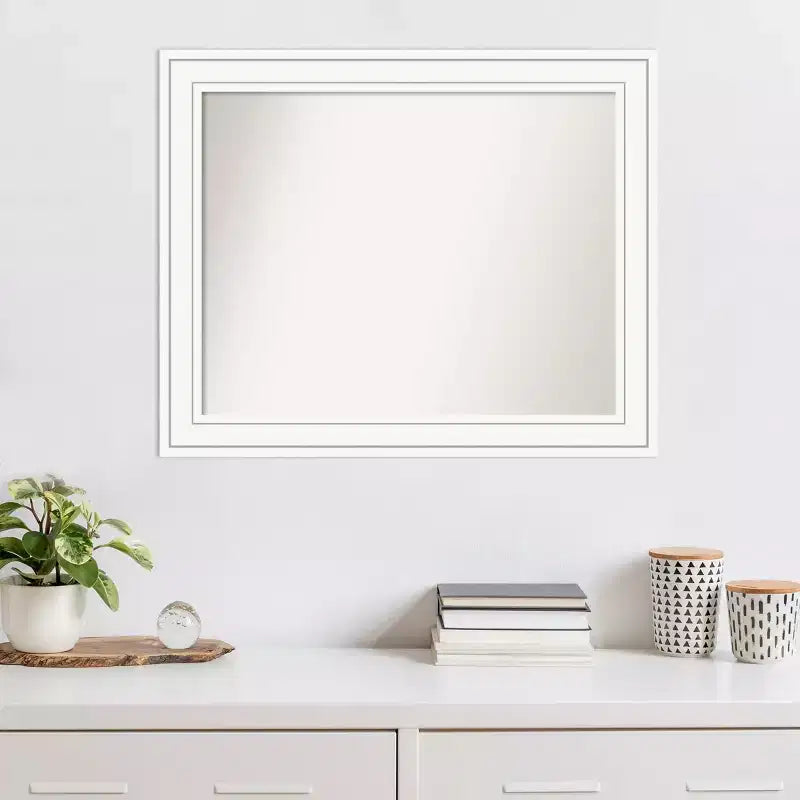 33" x 27" Non-Beveled White Wood Wall Mirror, Modern Rectangular