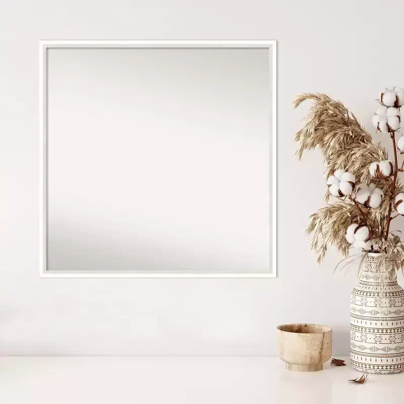 27" x 27" Non-Beveled White Wood Wall Mirror, Modern Square
