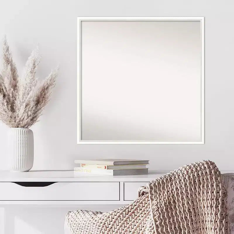 27" x 27" Non-Beveled White Wood Wall Mirror, Modern Square