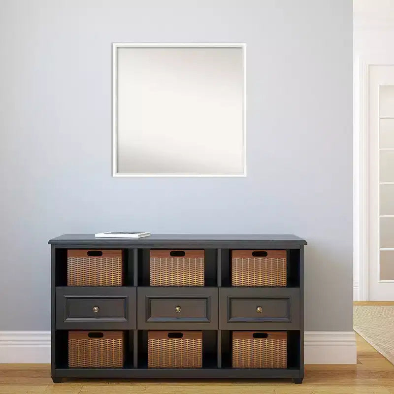 27" x 27" Non-Beveled White Wood Wall Mirror, Modern Square