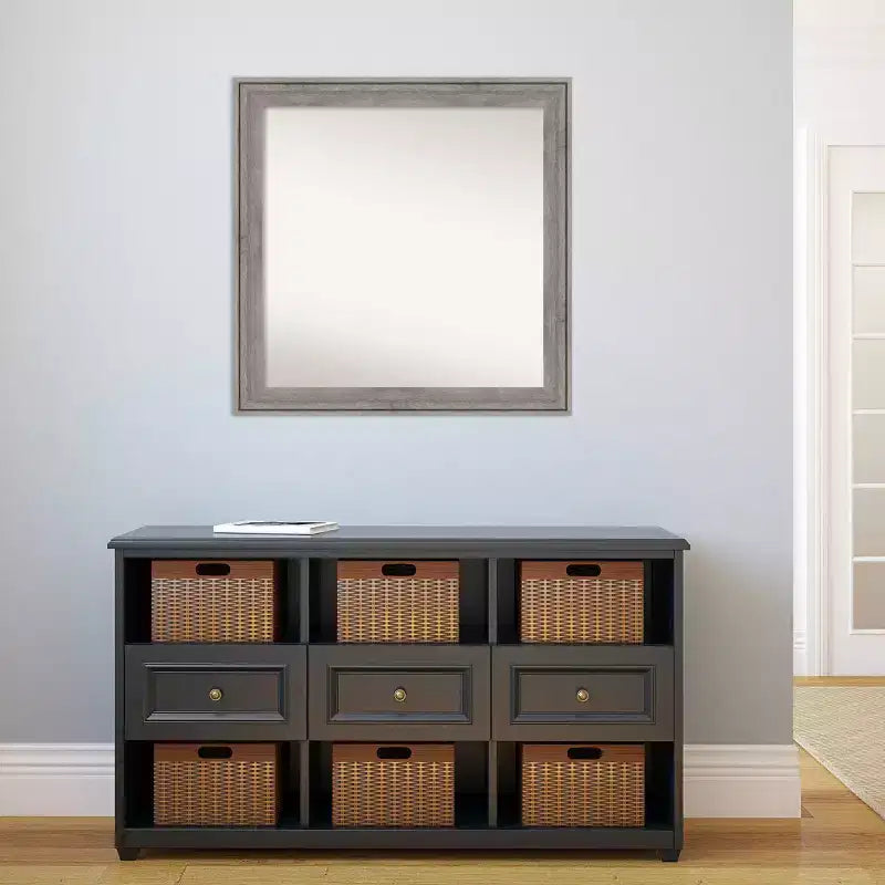 31" x 31" Non-Beveled Barn Gray Wood Wall Mirror, Modern Square
