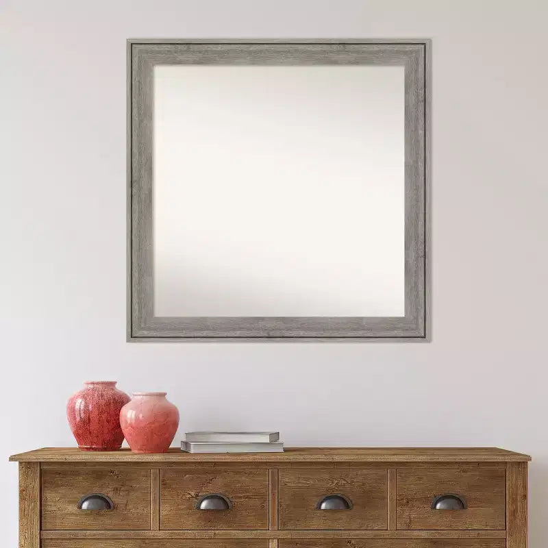 31" x 31" Non-Beveled Barn Gray Wood Wall Mirror, Modern Square
