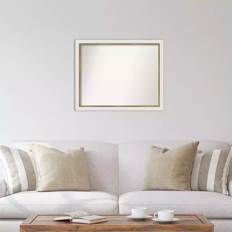 31" x 25" Non-Beveled White Gold Narrow Wall Mirror, Modern Rectangle