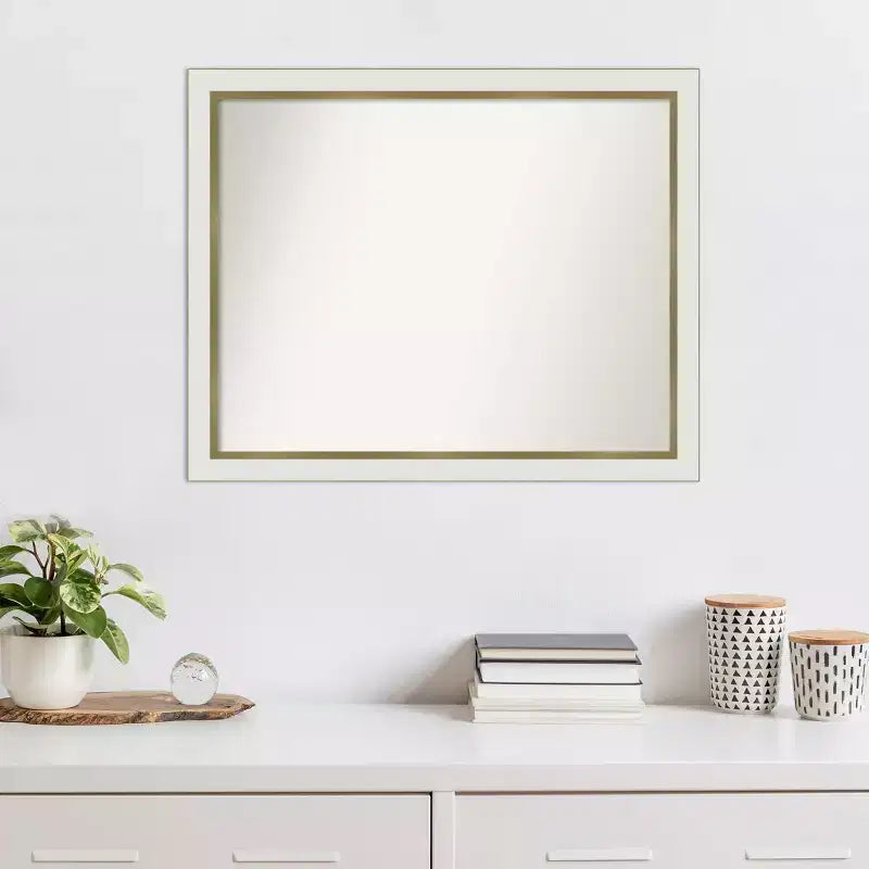 31" x 25" Non-Beveled White Gold Narrow Wall Mirror, Modern Rectangle