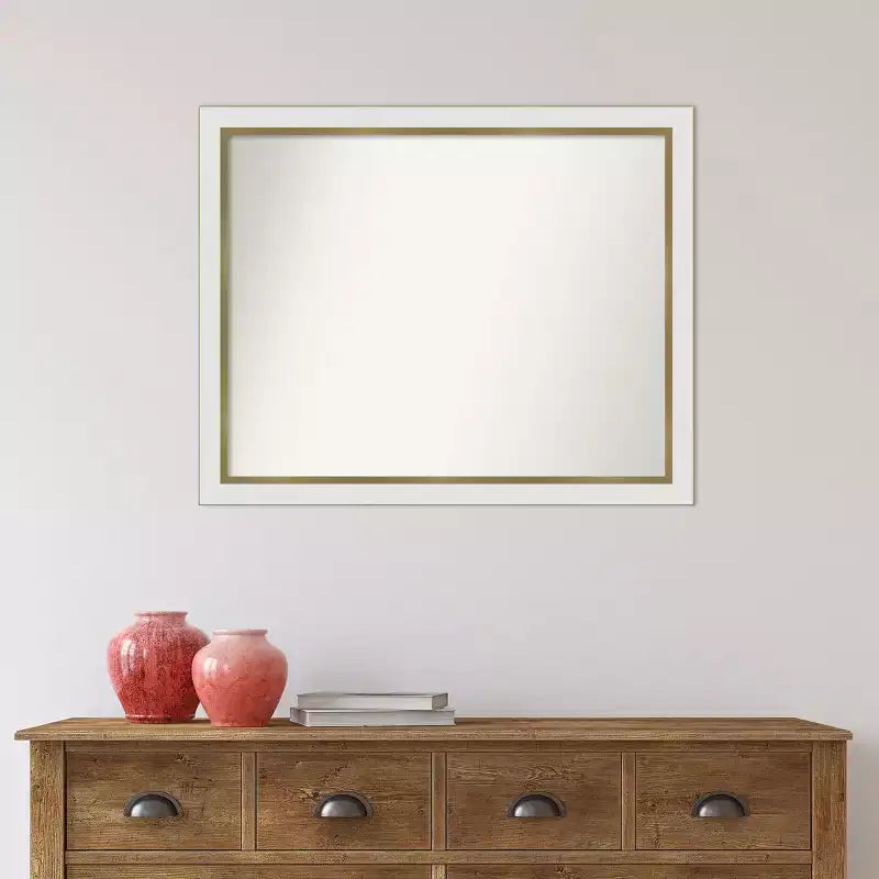31" x 25" Non-Beveled White Gold Narrow Wall Mirror, Modern Rectangle