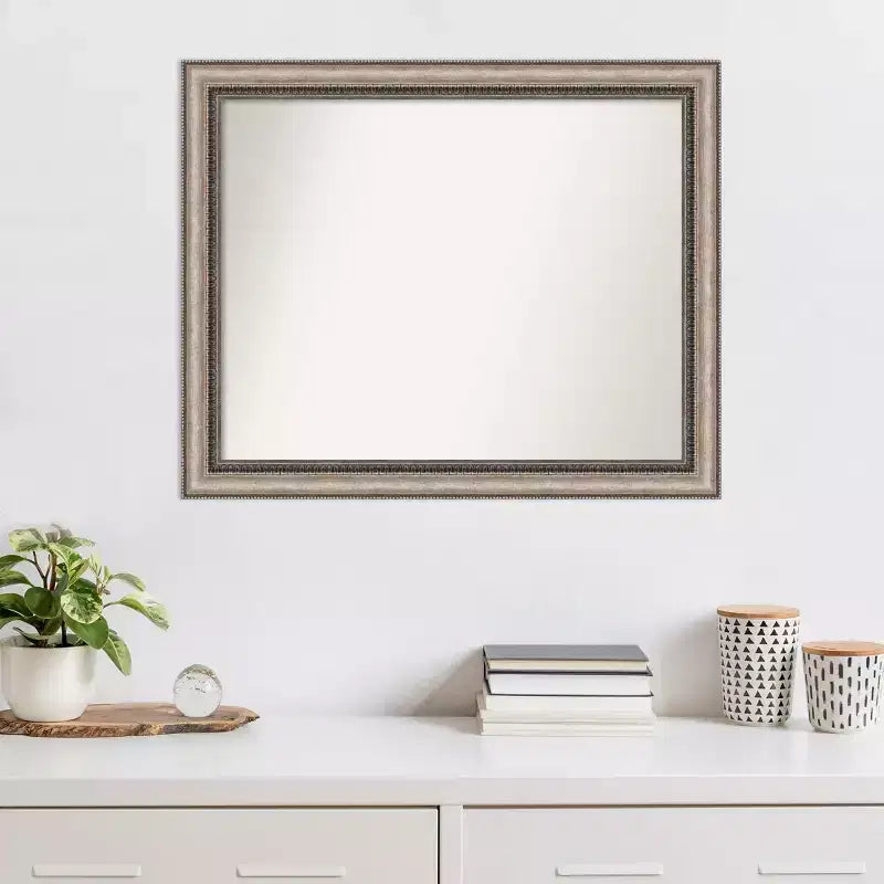 32" x 26" Non-Beveled Ornate Silver Wall Mirror, Modern Rectangle