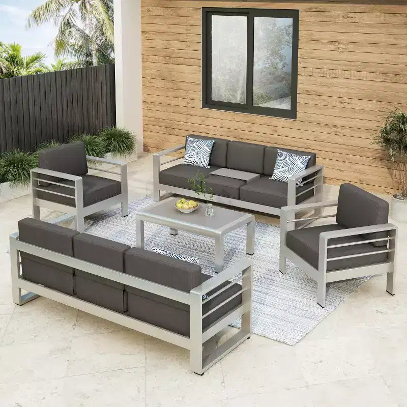 Ensemble de salon d’extérieur Eleanor de Christopher Knight Home en aluminium, 8 places, avec coussins, kaki/argent