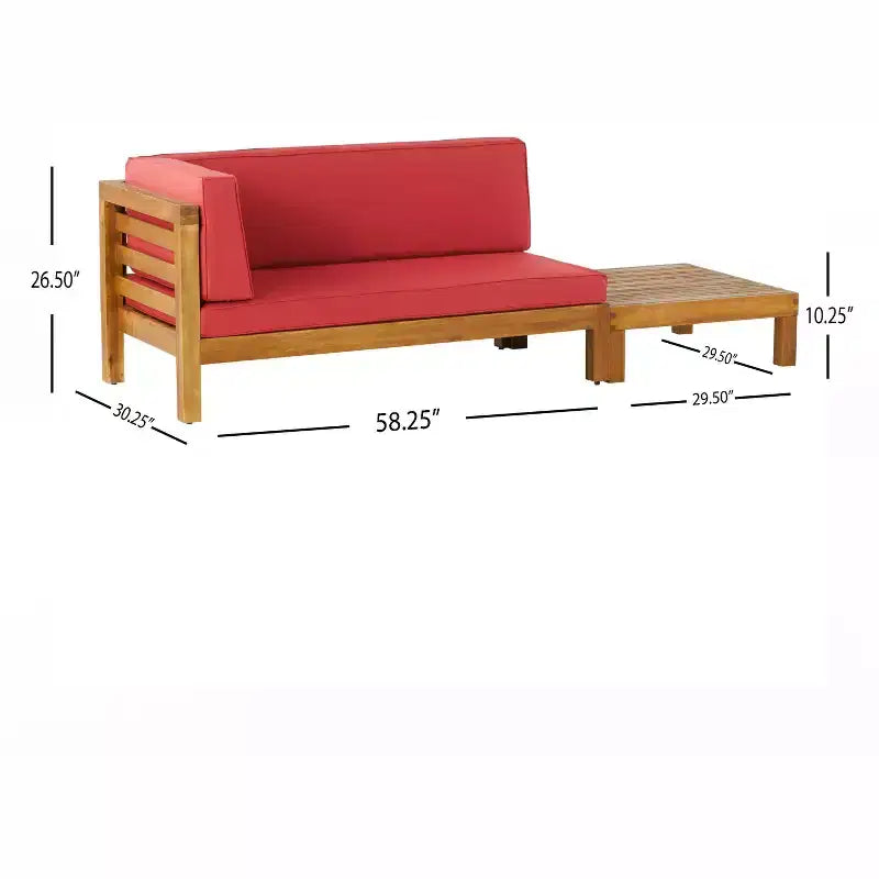 Ensemble Christopher Knight Home Oana avec causeuse d’extérieur en bois d’acacia à accoudoir gauche et table basse, avec coussin