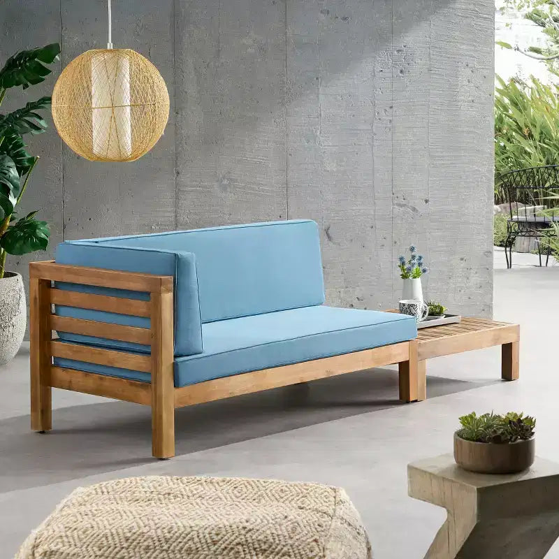 Juego de sofá biplaza con brazo izquierdo y mesa de centro para exterior de madera de acacia Christopher Knight Home Oana, con cojín