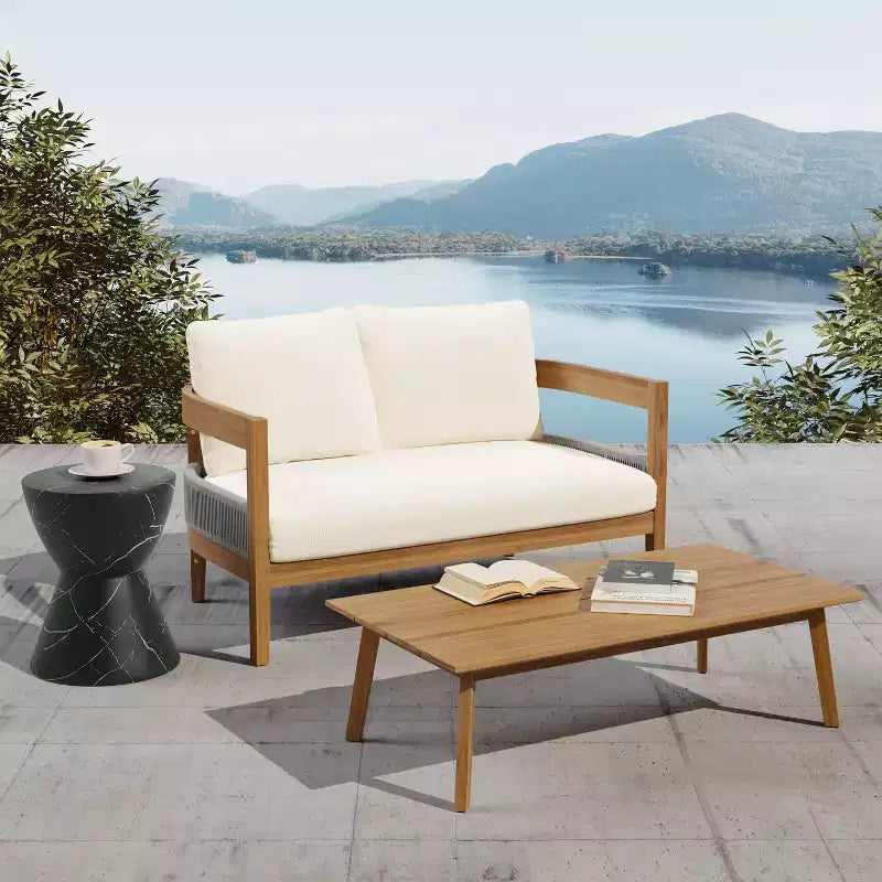 Ensemble de canapé d'extérieur 2 places et table en bois d'acacia moderne Fawn de Christopher Knight Home, beige/teck