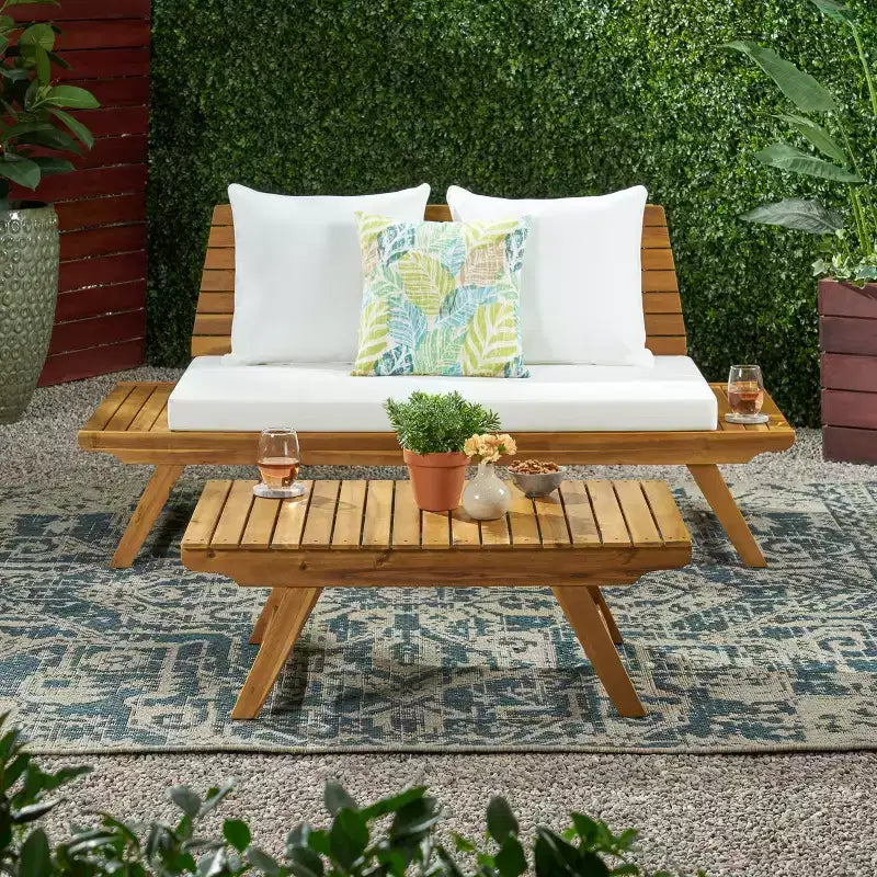 Juego para exterior Christopher Knight Home Sedona, con sofá de dos plazas de madera de acacia y mesa de centro, con cojín