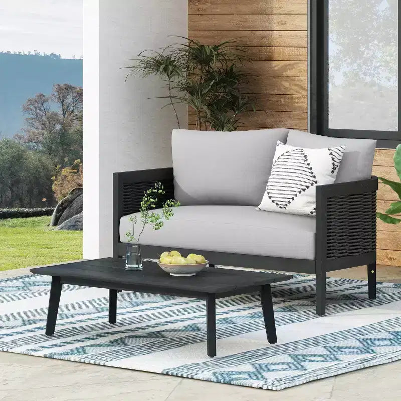 Conjunto de conversación para patio Christopher Knight Home Burchett de 2 piezas, de madera de acacia y mimbre, con cojines