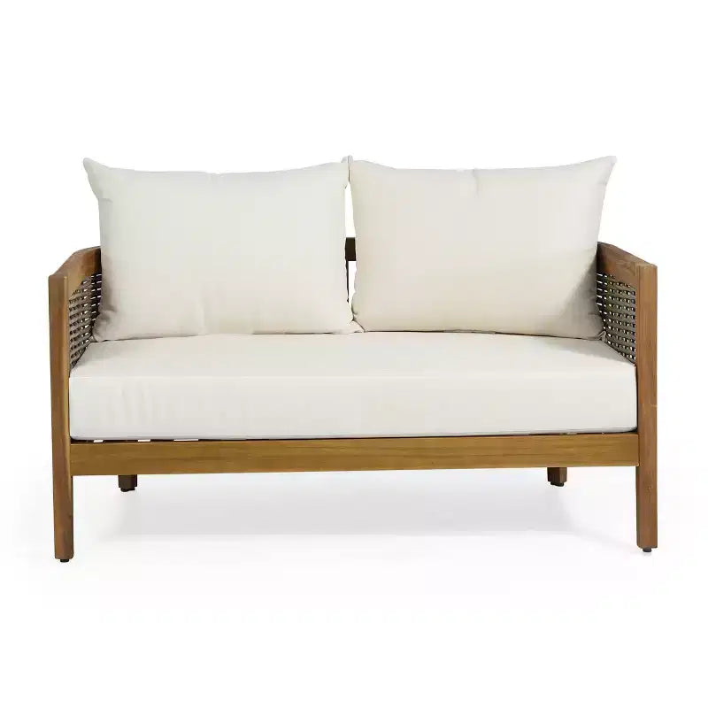 Conjunto de conversación para patio Christopher Knight Home Burchett de 2 piezas, de madera de acacia y mimbre, con cojines