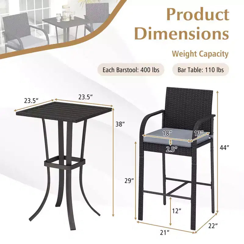 Costway ensemble de bar de patio en osier de 3 PCS avec chaises en rotin et table carrée à cadre métallique robuste