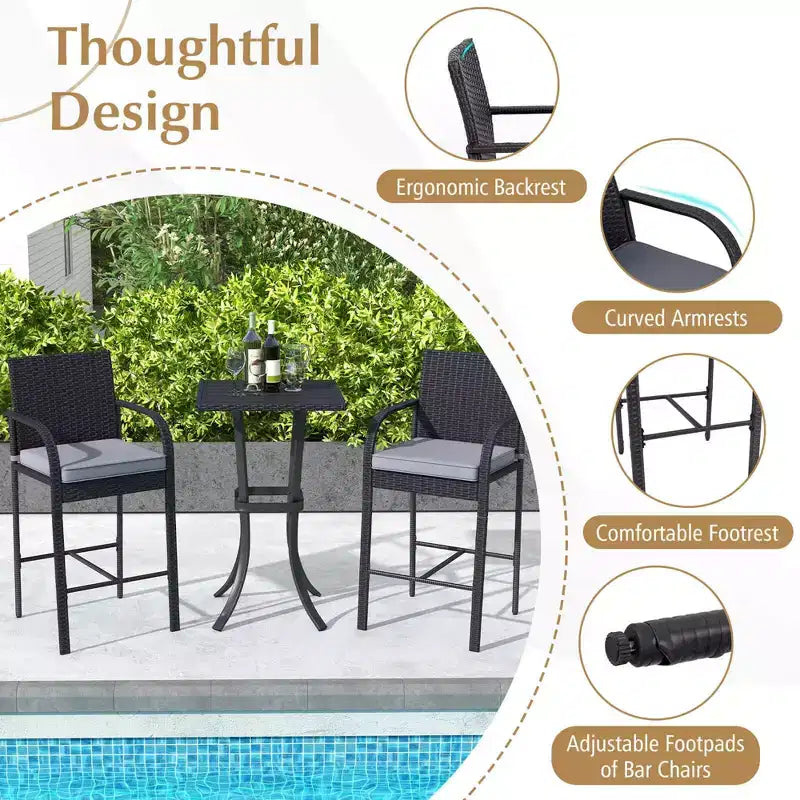 Costway ensemble de bar de patio en osier de 3 PCS avec chaises en rotin et table carrée à cadre métallique robuste