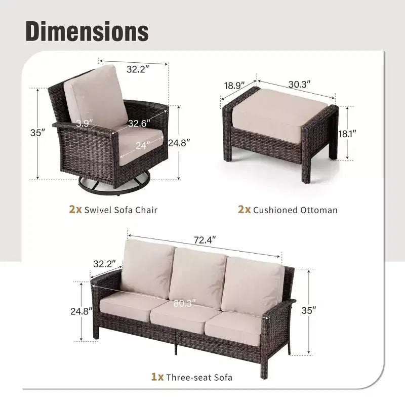 Juego de muebles de mimbre extragrandes para patio y exteriores de 5 piezas Captiva Designs, conjunto de sofá para conversar con otomanas para jardín, patio y porche