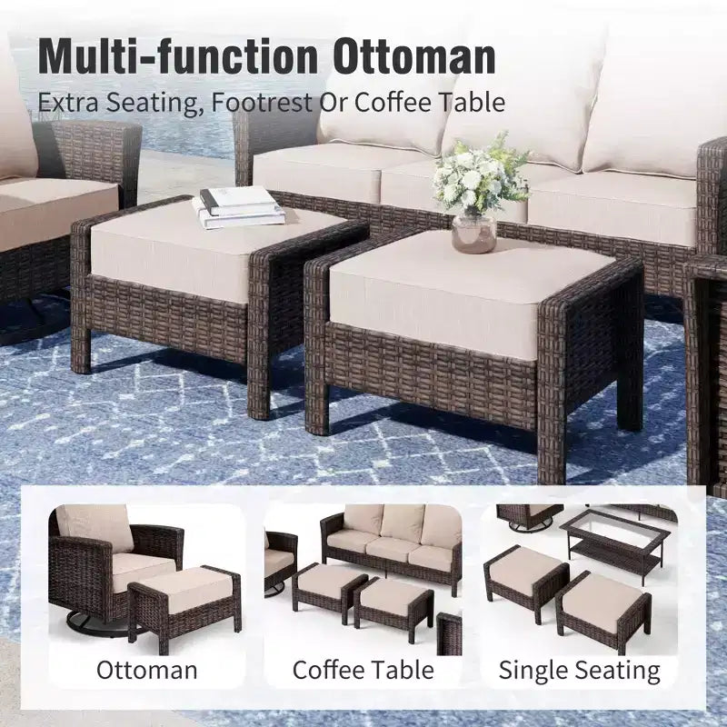Juego de muebles de mimbre extragrandes para patio y exteriores de 5 piezas Captiva Designs, conjunto de sofá para conversar con otomanas para jardín, patio y porche
