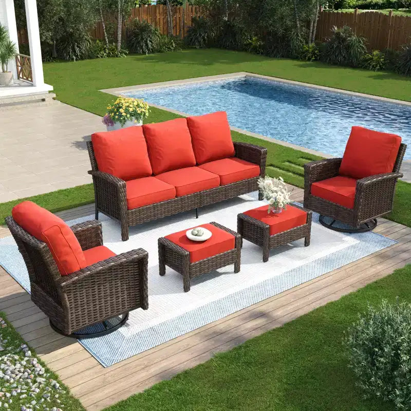 Captiva Designs 5-teiliges übergroßes Outdoor-Lounge-Set aus Korbgeflecht mit Sofa und Hockern für Garten, Hof und Veranda