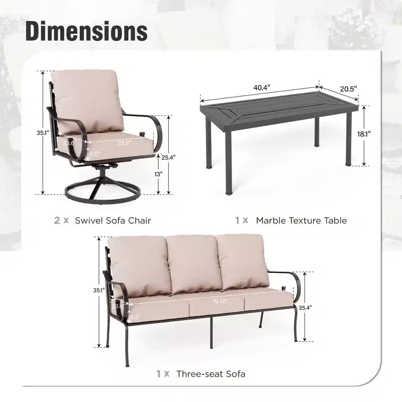 Conjunto de conversación para patio exterior de metal extragrande de 4 piezas Captiva Designs, con sillas giratorias con respaldo estampado y mesa de centro