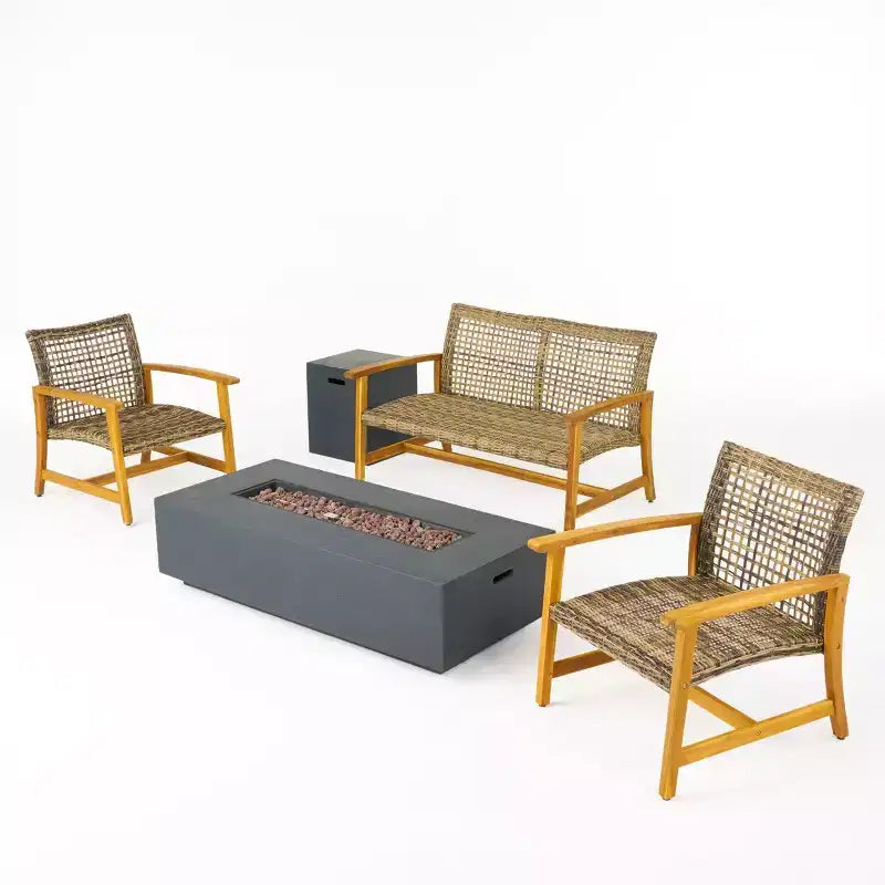 Ensemble de salon de jardin Augusta de Christopher Knight Home pour 4 personnes, en bois d'acacia et osier, avec brasero