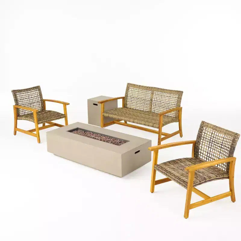 Ensemble de salon de jardin Augusta de Christopher Knight Home pour 4 personnes, en bois d'acacia et osier, avec brasero