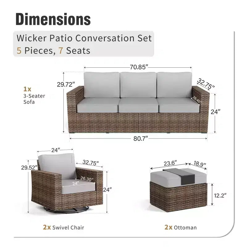 Conjunto de conversación de 5 piezas de mimbre para patio exterior Captiva Designs con otomana para patio trasero, terraza y junto a la piscina