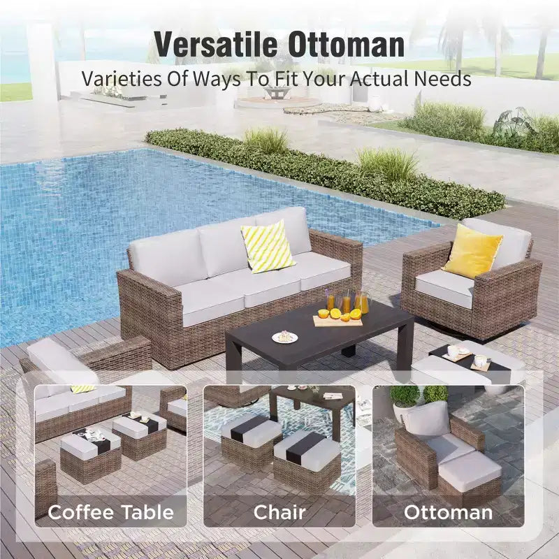 Conjunto de conversación de 5 piezas de mimbre para patio exterior Captiva Designs con otomana para patio trasero, terraza y junto a la piscina