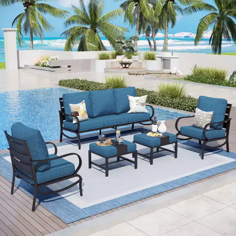 Captiva Designs 5-teiliges Metall-Gartenmöbel-Sitzset mit Hockern für Garten, Veranda und Hinterhof