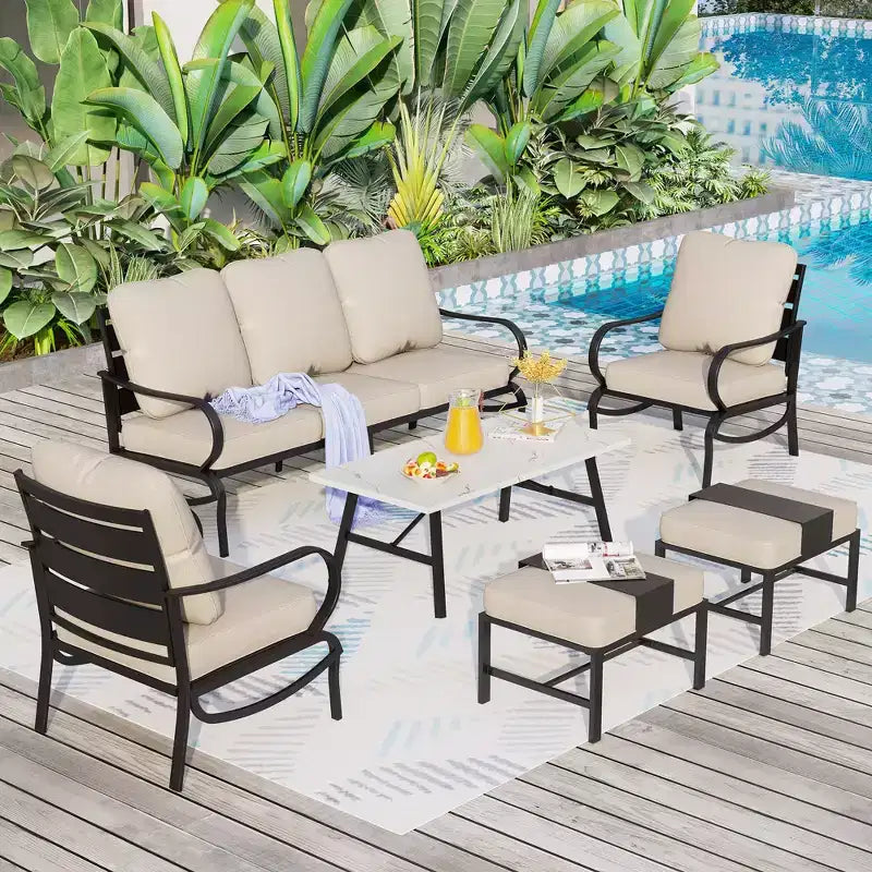Captiva Designs 6pc Metal Patio Furniture Conversation Set with Armchairs and Ottomans for Garden Porch Backyard