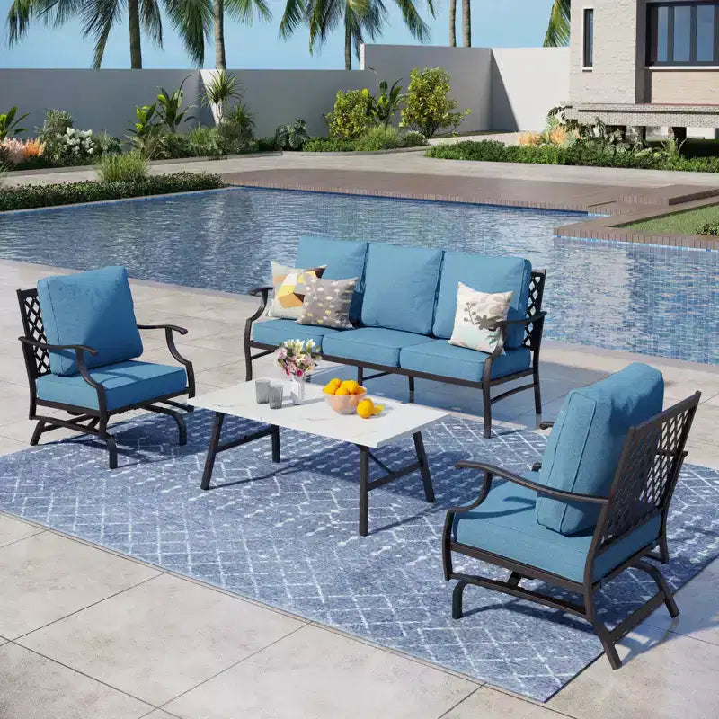 Captiva Designs 4pc Patio Outdoor Conversation Set with Rocking Grid-back Chairs for Garden, Poolside, Backyard