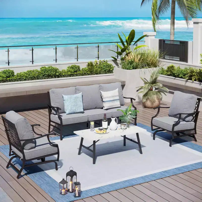 Captiva Designs 4pc Patio Outdoor Conversation Set with Rocking Grid-back Chairs for Garden, Poolside, Backyard