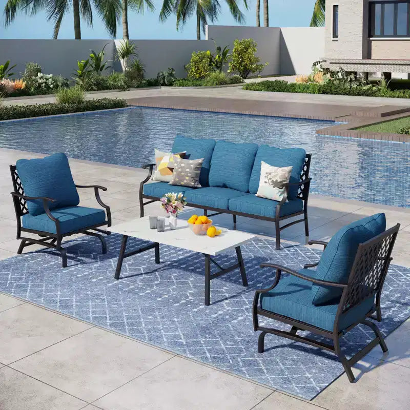 Captiva Designs 4pc Patio Outdoor Conversation Set with Rocking Grid-back Chairs for Garden, Poolside, Backyard