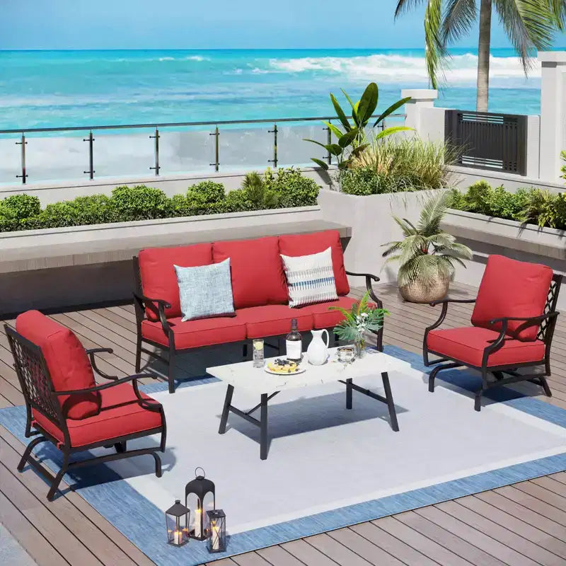 Captiva Designs 4pc Patio Outdoor Conversation Set with Rocking Grid-back Chairs for Garden, Poolside, Backyard