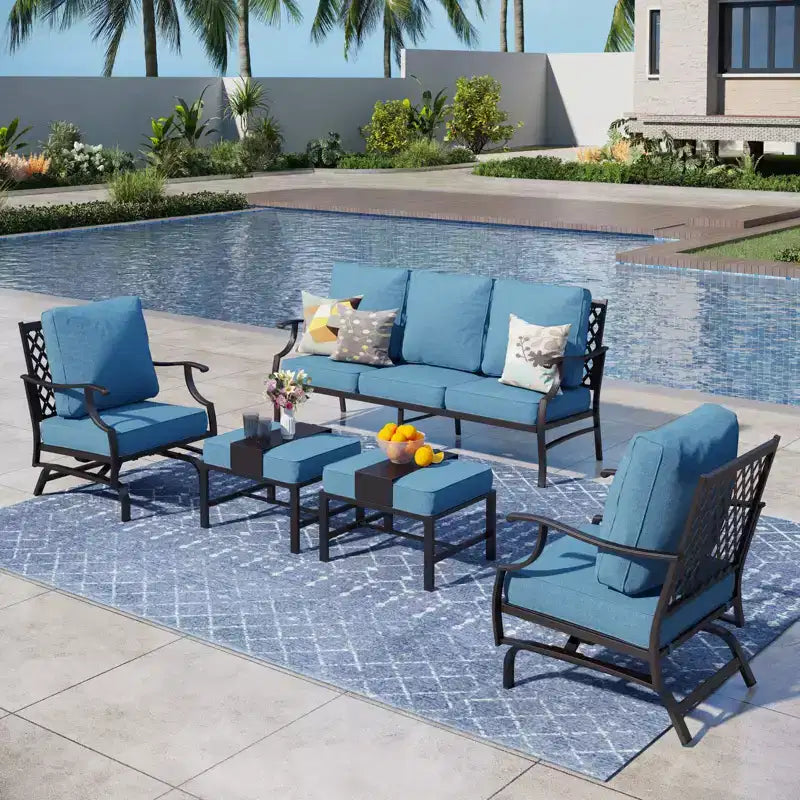 Captiva Designs 5pc Metal Patio Outdoor Conversation Set with Rocking Grid-back Chairs and Ottomans