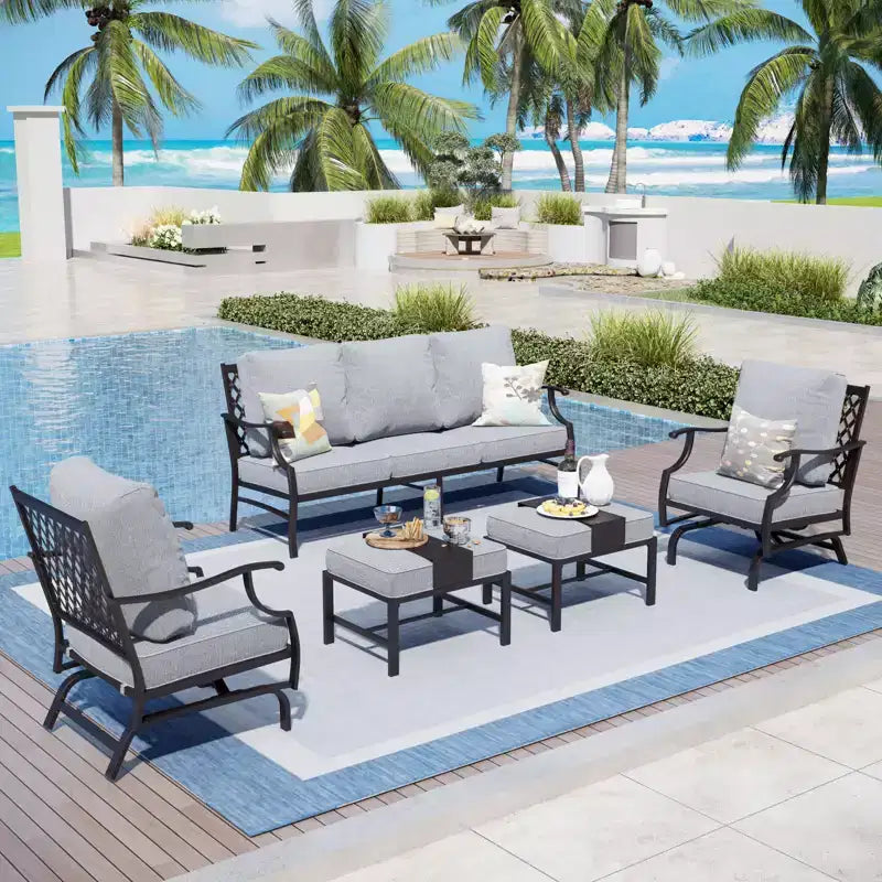 Captiva Designs 5pc Metal Patio Outdoor Conversation Set with Rocking Grid-back Chairs and Ottomans