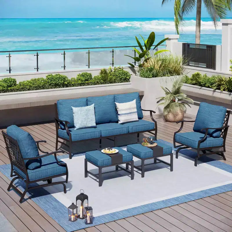 Captiva Designs 5pc Metal Patio Outdoor Conversation Set with Rocking Grid-back Chairs and Ottomans