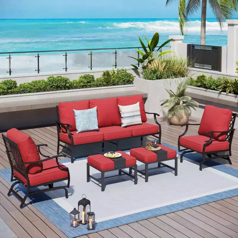 Captiva Designs 5pc Metal Patio Outdoor Conversation Set with Rocking Grid-back Chairs and Ottomans