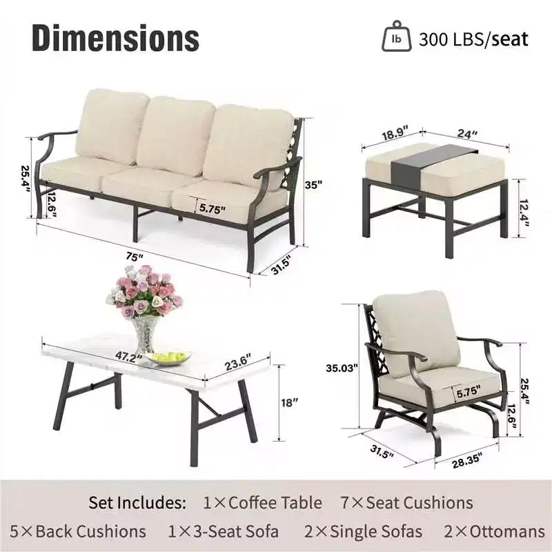 Ensemble de conversation d’extérieur pour terrasse en métal Captiva Designs 6 pièces avec fauteuils à bascule à dossier quadrillé, poufs et table basse