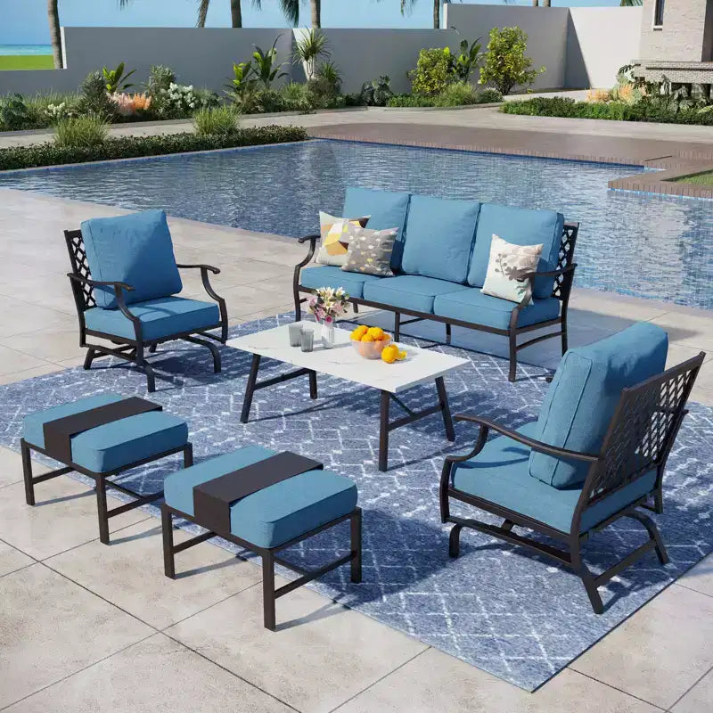 Captiva Designs 6-teiliges Outdoor-Sitzset aus Metall für die Terrasse mit Schaukelstühlen mit Gitterlehne, Hockern und Couchtisch