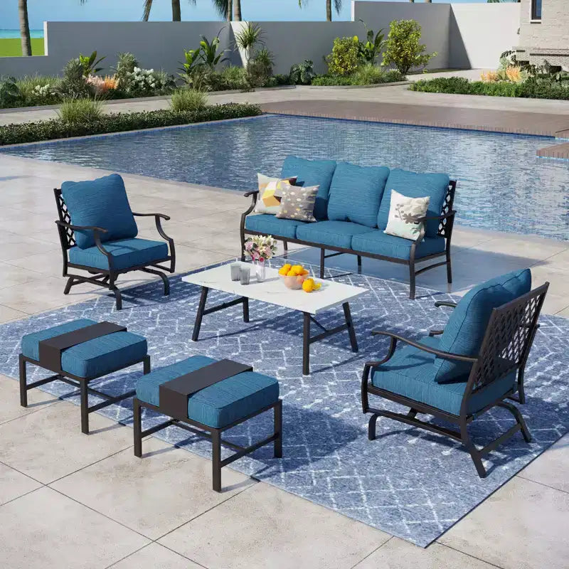 Captiva Designs 6-teiliges Outdoor-Sitzset aus Metall für die Terrasse mit Schaukelstühlen mit Gitterlehne, Hockern und Couchtisch