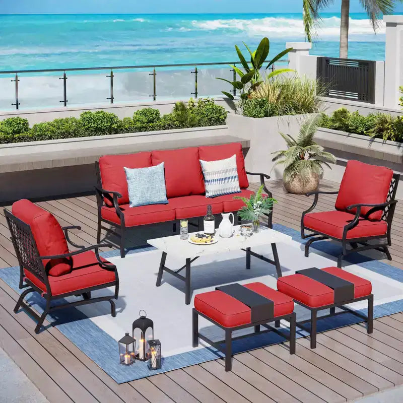 Captiva Designs 6-teiliges Outdoor-Sitzset aus Metall für die Terrasse mit Schaukelstühlen mit Gitterlehne, Hockern und Couchtisch