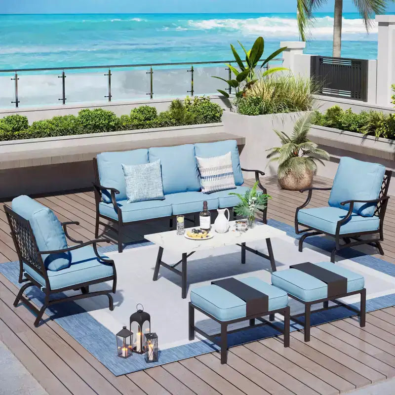 Captiva Designs 6-teiliges Outdoor-Sitzset aus Metall für die Terrasse mit Schaukelstühlen mit Gitterlehne, Hockern und Couchtisch