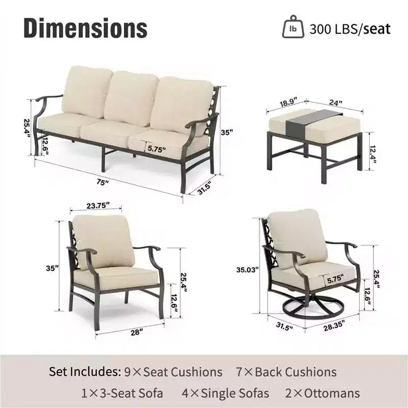 Conjunto de conversación para patio y exteriores de metal de 7 piezas Captiva Designs, con sillas giratorias de respaldo de rejilla y otomanas para jardín, junto a la piscina o patio trasero