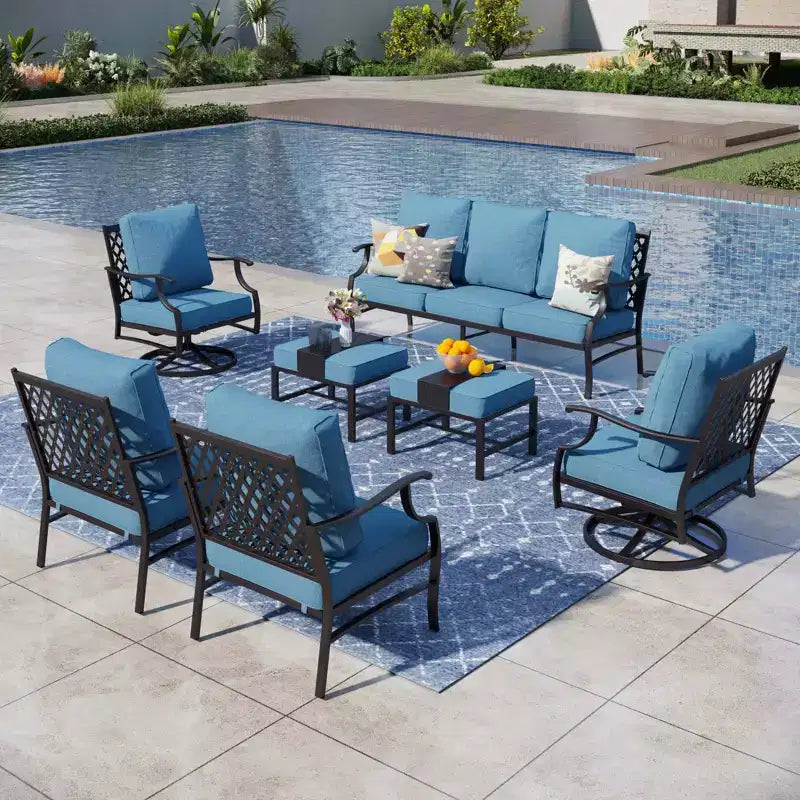 Captiva Designs 7pc Metal Patio Outdoor Conversation Set with Swivel Grid-back Chairs, Ottomans for Garden, Poolside, Backyard