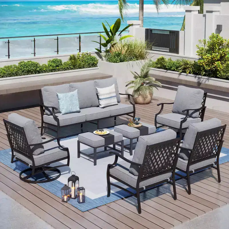 Captiva Designs 7pc Metal Patio Outdoor Conversation Set with Swivel Grid-back Chairs, Ottomans for Garden, Poolside, Backyard