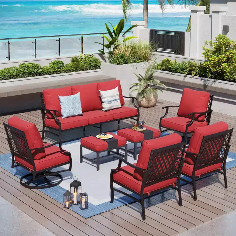 Captiva Designs 7pc Metal Patio Outdoor Conversation Set with Swivel Grid-back Chairs, Ottomans for Garden, Poolside, Backyard