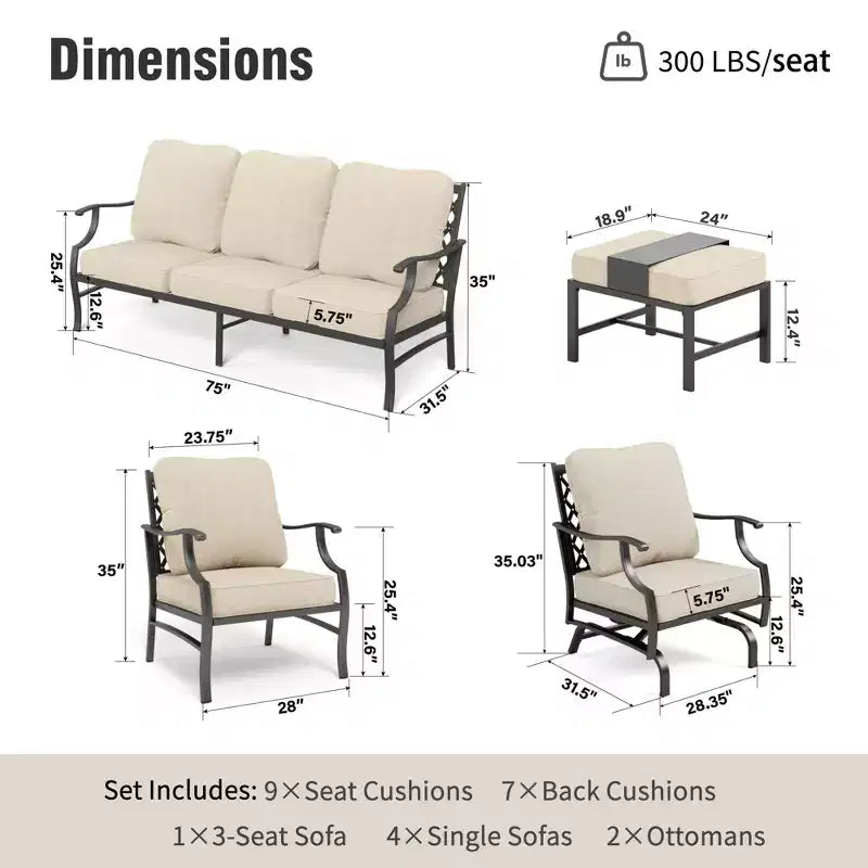 Ensemble de conversation d’extérieur en métal Captiva Designs 7 pièces, avec chaises à dossier quadrillé à bascule et poufs pour jardin, bord de piscine et cour
