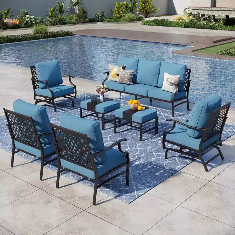 Captiva Designs 7-teiliges Outdoor-Unterhaltungsset aus Metall für die Terrasse mit Schaukelstühlen mit Gitterrücken und Hockern für Garten, Poolbereich und Hinterhof