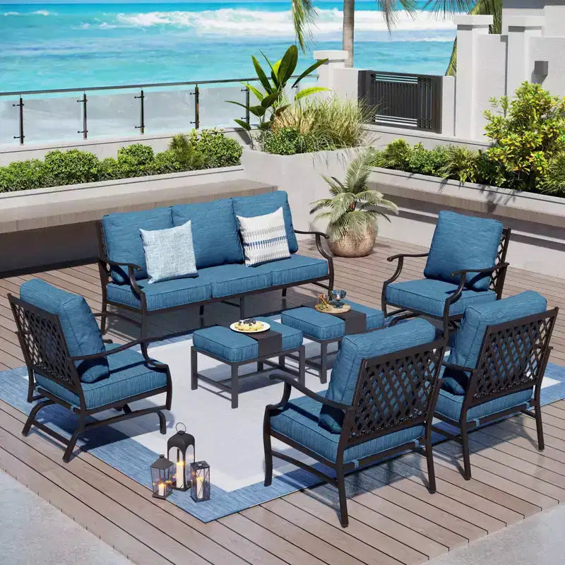 Captiva Designs 7-teiliges Outdoor-Unterhaltungsset aus Metall für die Terrasse mit Schaukelstühlen mit Gitterrücken und Hockern für Garten, Poolbereich und Hinterhof