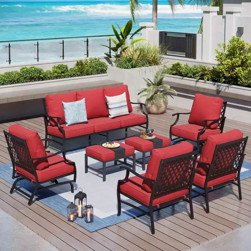 Captiva Designs 7-teiliges Outdoor-Unterhaltungsset aus Metall für die Terrasse mit Schaukelstühlen mit Gitterrücken und Hockern für Garten, Poolbereich und Hinterhof